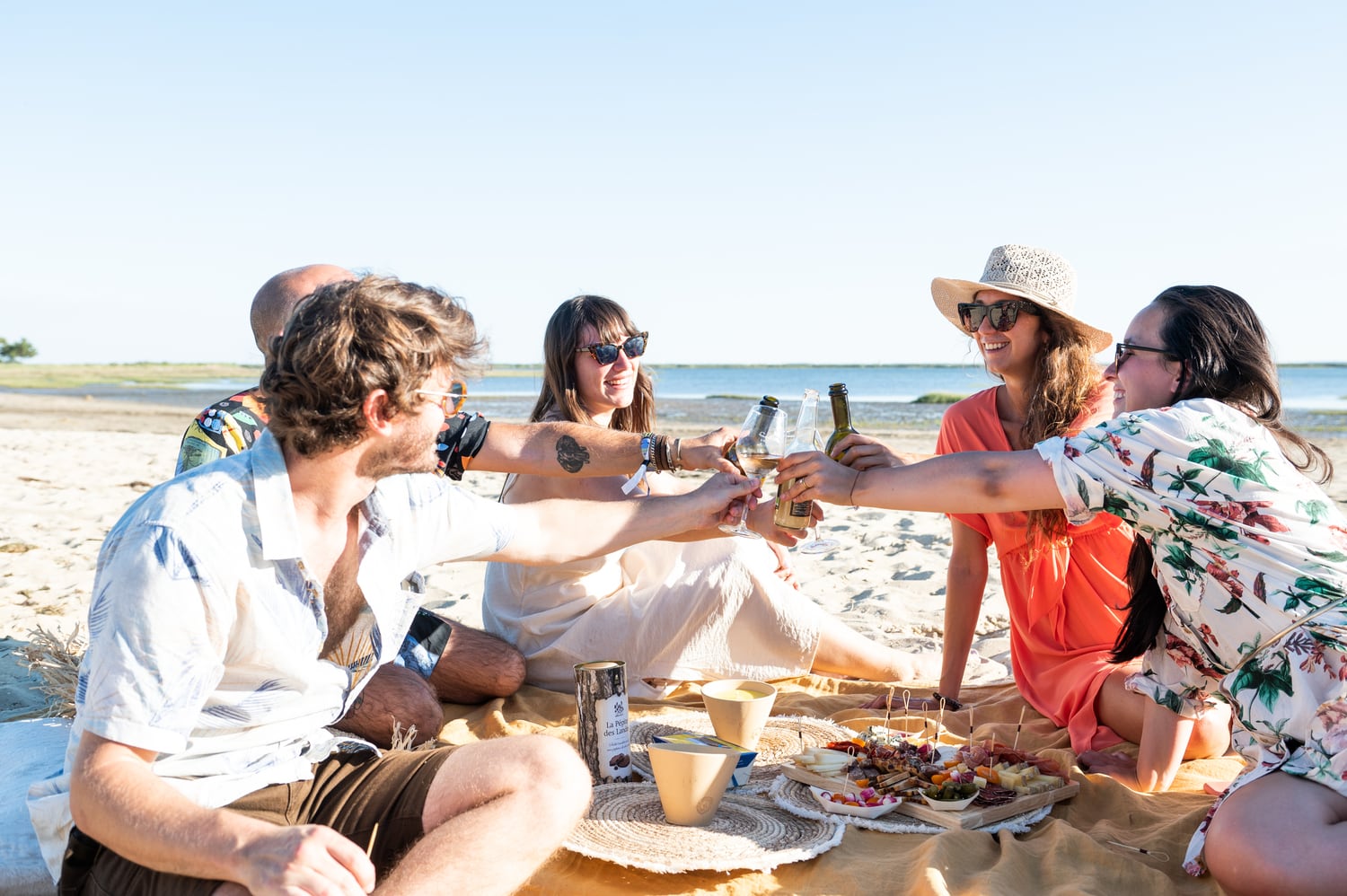 amis trinquent lors d'un pique nique sur la plage