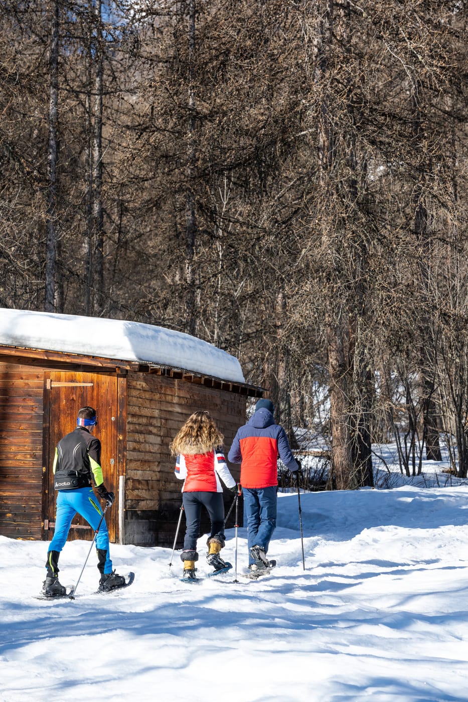 amis dans la neige en raquette