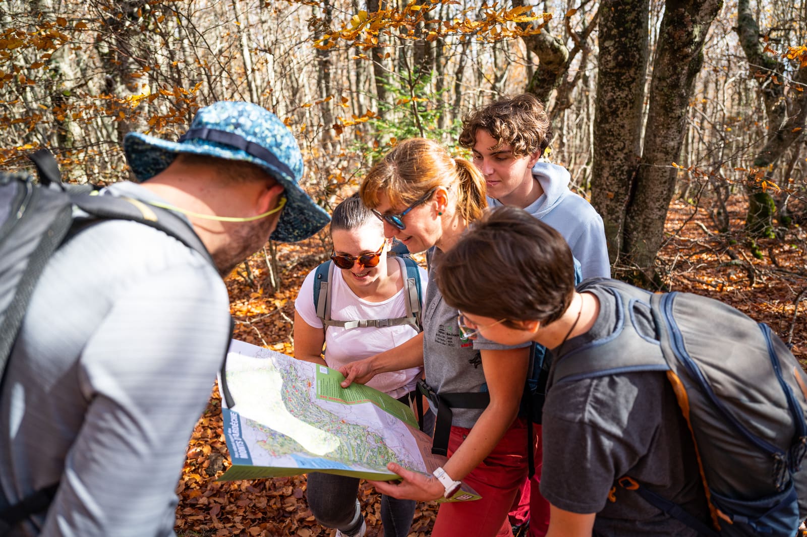 randonneurs regardent une carte en foret