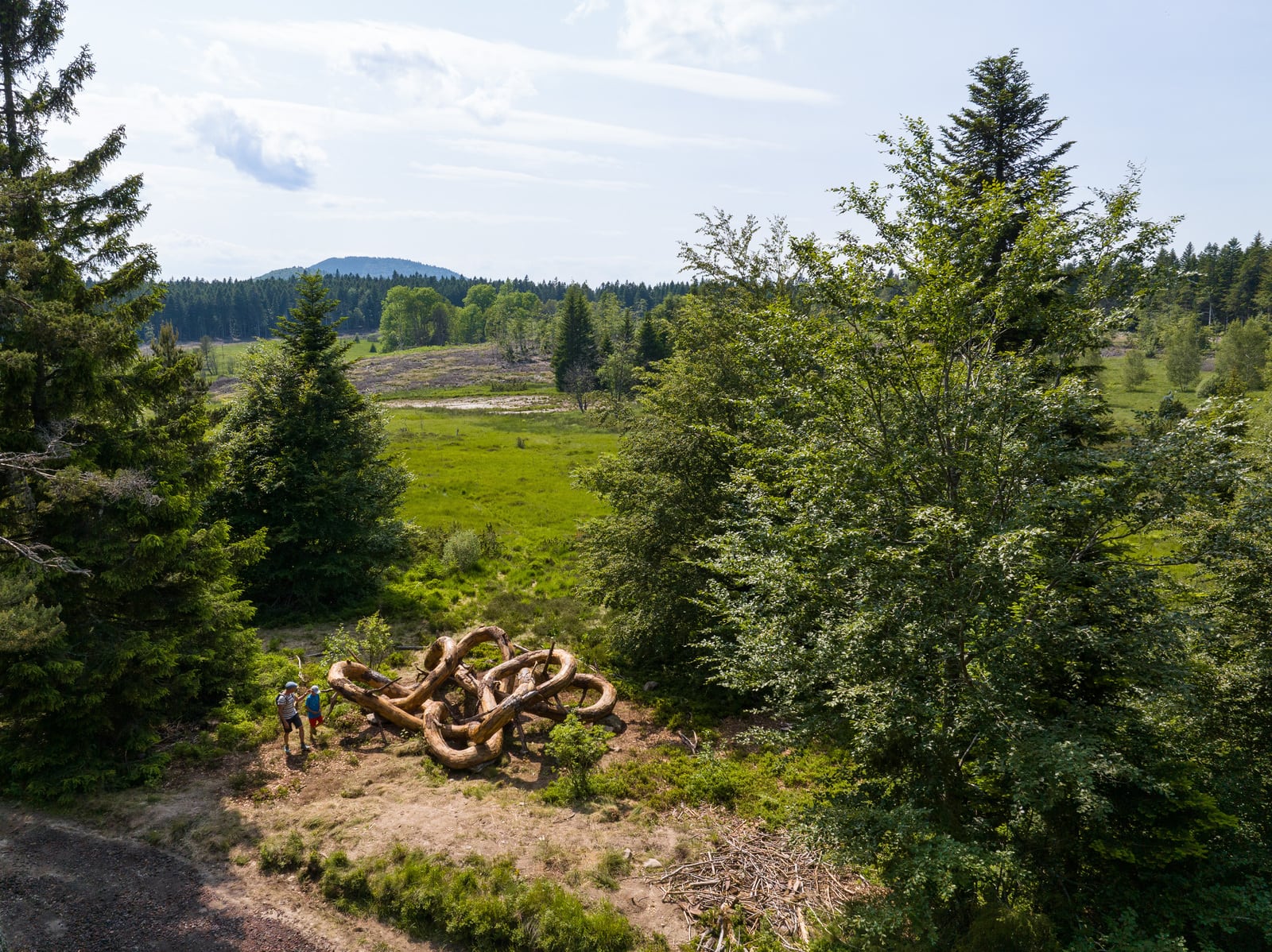 famille autour d'un oeuvre d'art en bois en drone