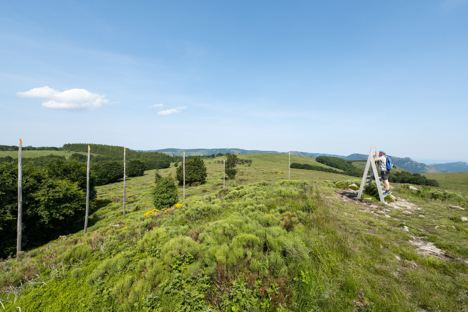 randonneur regarde le paysage sur une structure en bois